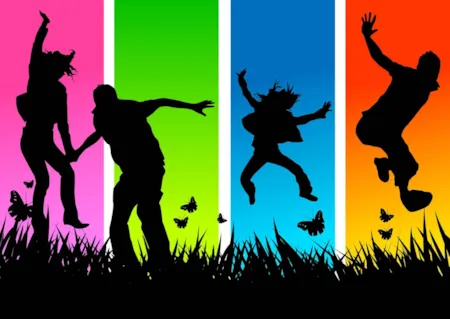 People jumping in silhouette in a grassy field with butterflies in front of a colorful background